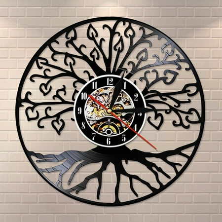 Amblelife Tree of Life Retro Vinyl Record Wall Clock Living Room Kitchen Family Tree Retro Vinyl Longplay Wall Art Home Decor Wall Clock