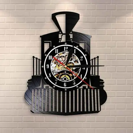 Amblelife Vintage Steam Locomotive Wall Clock Locomotive Train Vinyl Record Wall Clock Express Train Transportation Railroad Wall Decor