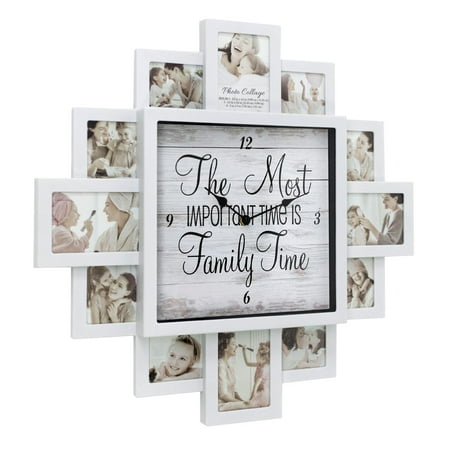 American Art Decor White Farmhouse Shabby-Chic Family Time Picture Frame Collage Wall Clock