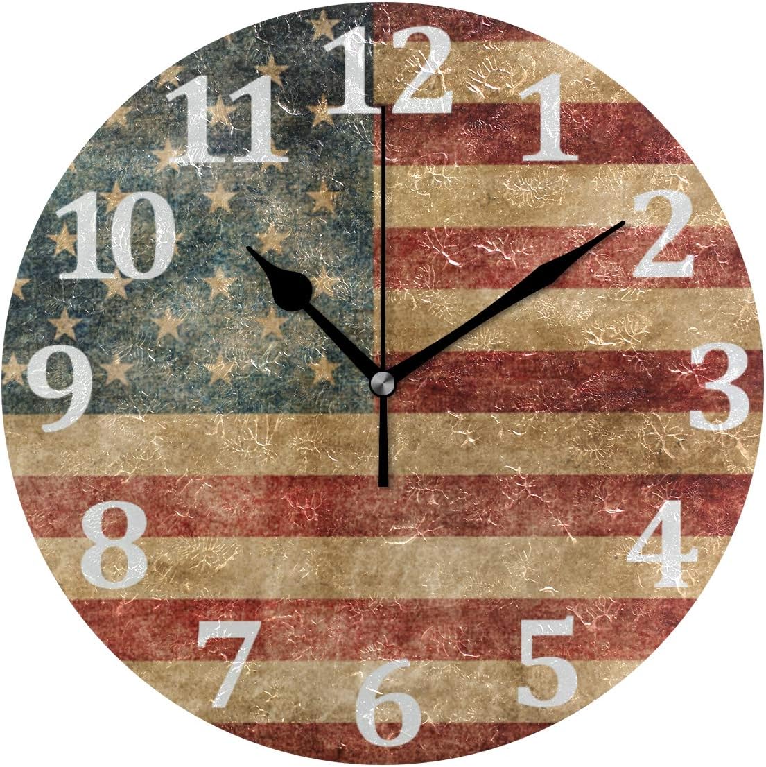 American Flag Wall Clock, 10 Inch, Vintage Patriotic Silent Non Ticking Battery Operated Accurate Arabic Numerals Design, Independence Day Decorative for Home Kitchen Living Room Bedroom