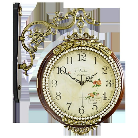 American Solid Wood Metal Double-Sided Wall Clock Mute European Living Room Two Sides Pocket Watch Creative Wall Clock Quartz Clock Large