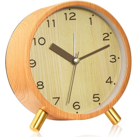 Analog Alarm Clock - Retro Wood Grain Metal Desk Clock with Sound-Activated Night Light