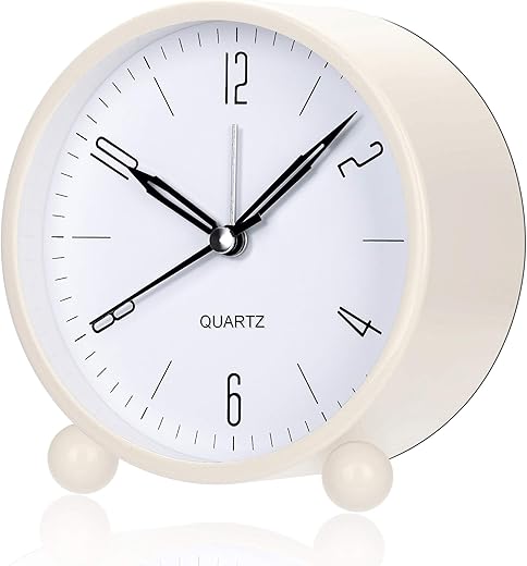 Analog Alarm Clock, 4 inch Super Silent Non Ticking Small Clock with Night Light, Battery Operated, Simply Design, for Bedroom, Bedside, Desk (White)