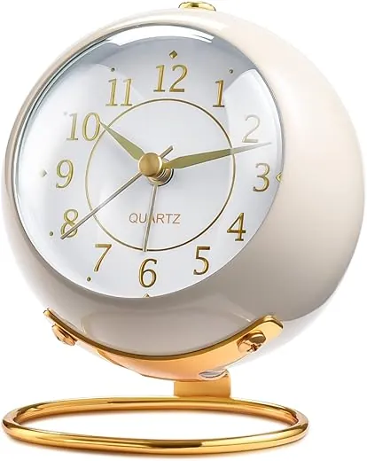 Analog Alarm Clocks,Retro Backlight Cute Simple Design Small Desk Clock with Night Light,Silent Non-Ticking,Battery Powered,for Decor,Bedrooms,Travel,Kitchen,Bedside Desktop.(White)