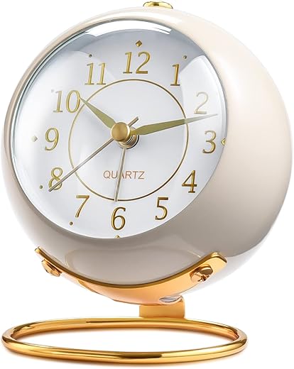 Analog Alarm Clocks,Retro Backlight Cute Simple Design Small Desk Clock with Night Light,Silent Non-Ticking,Battery Powered,for Decor,Bedrooms,Travel,Kitchen,Bedside Desktop.(White)