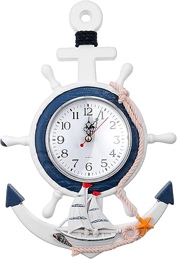 Anchor Clock Mediterranean Style Wall Clock Beach Sea Theme Nautical Wheel Decor Wall Hanging Decoration