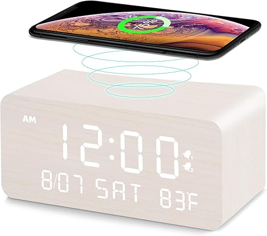 Andoolex Wooden Digital Alarm Clock with Wireless Charging, 0-100% Adjustable Brightness Dimmer and Volume, Weekday/Weekend Mode, Dual Alarm, Snooze, 12/24H, Wood LED Clock for Bedroom (White)