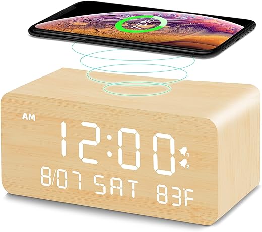 Andoolex Wooden Digital Alarm Clock with Wireless Charging, 0-100% Adjustable Brightness Dimmer and Alarm Volume, Weekday/Weekend Mode, Dual Alarm, Snooze, 12/24H, Wood LED Clock for Bedroom (Bamboo)