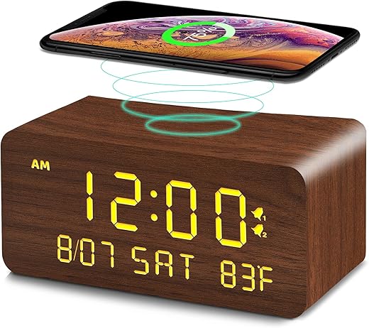 Andoolex Wooden Digital Alarm Clock with Wireless Charging, 0-100% Adjustable Brightness Dimmer and Alarm Volume, Weekday/Weekend Mode, Dual Alarm, Snooze, 12/24H, Wood LED Clock for Bedroom (Brown)