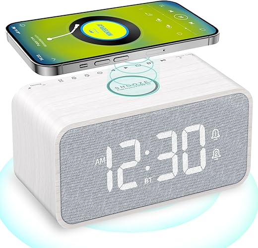 ANJANK Wooden Alarm Clock Radio with Bluetooth Speaker, Wireless Charging Station for iPhone/Samsung, Dual Alarms, Auto-sync Time, 0-100% Dimmer, Digital Clock for Bedrooms Bedside Desk