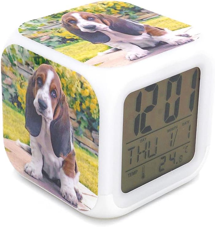 Annakin Boyan New Basset Hound Dog Green Led Alarm Clock Creative Desk Table Clock Multipurpose Calendar Snooze Glowing Led Digital Alarm Clock for Unisex Adults Kids Toy Gift