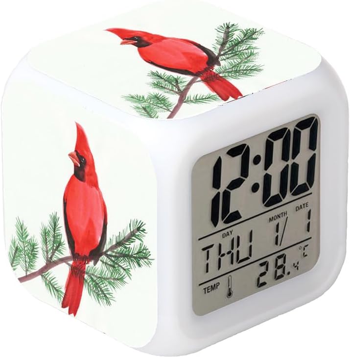 Annakin Boyan New Northern Cardinal Birds White Led Alarm Clock Creative Desk Table Clock Multipurpose Calendar Snooze Glowing Led Digital Alarm Clock for Unisex Adults Kids Toy Gift