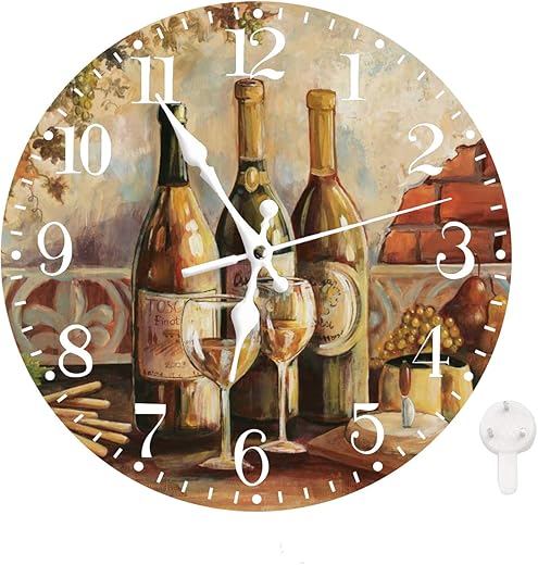 Ansouyi Round Wall Clock Battery Operated Clocks Wallclock 10 Inch,Vintage Red White Wine Grapes Silent Non Ticking Wall Clock for Living Room,Kitchen,Home,Bathroom,Bedroom,Office or School