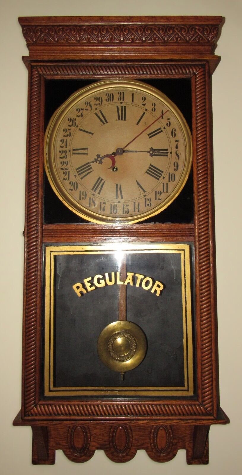 Antique E. Ingraham Calendar Store Regulator Wall Clock 8Day Timepiece, Key wind