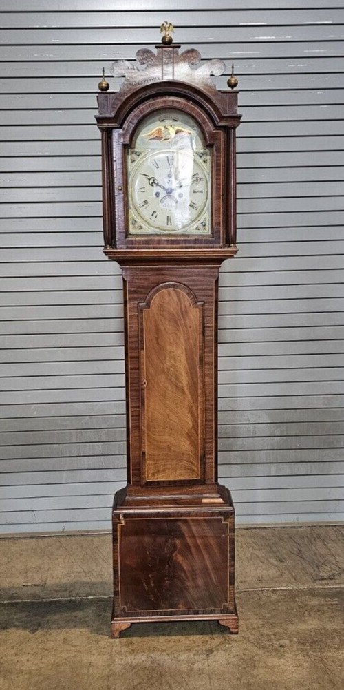 Antique English Early 19th Century Federal Mahogany Tall Case Grandfather Clock