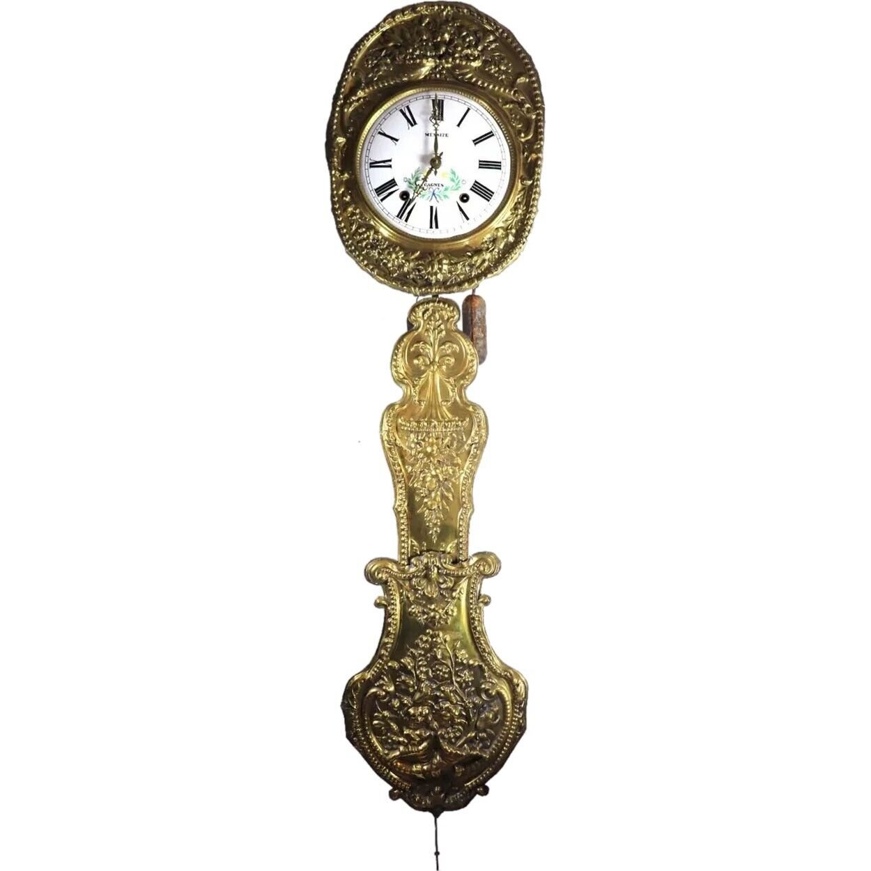 Antique French Mesaize Cagnes Brass, Iron and Enamel Comtoise Wall Clock