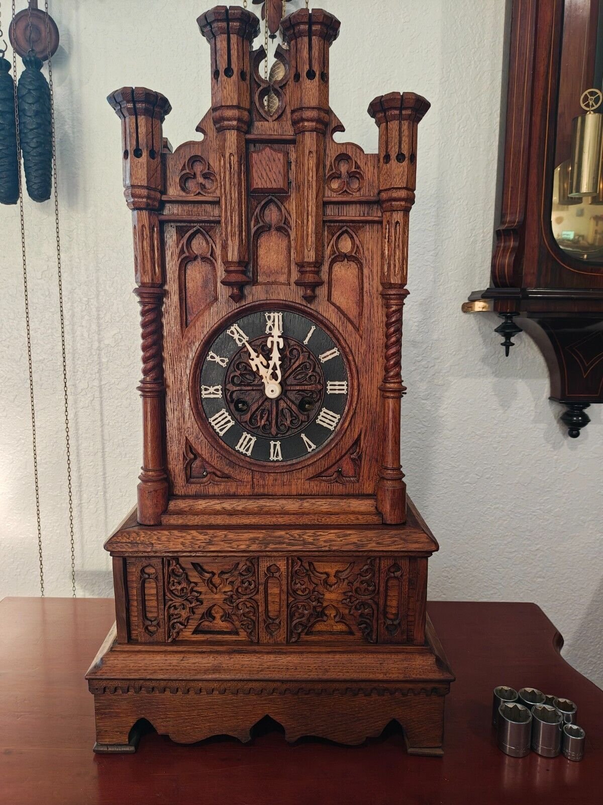 ANTIQUE GERMAN P.H.S. LARGE BLACK FOREST 8 DAY BRASS FUSEE MANTEL CUCKOO CLOCK
