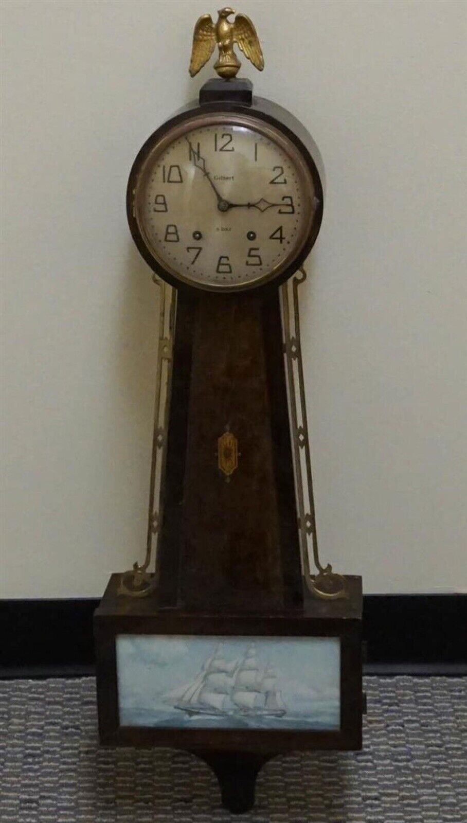 Antique Gilbert 8-Day Banjo Wall Clock with Sailing Ship Watercolor #3096