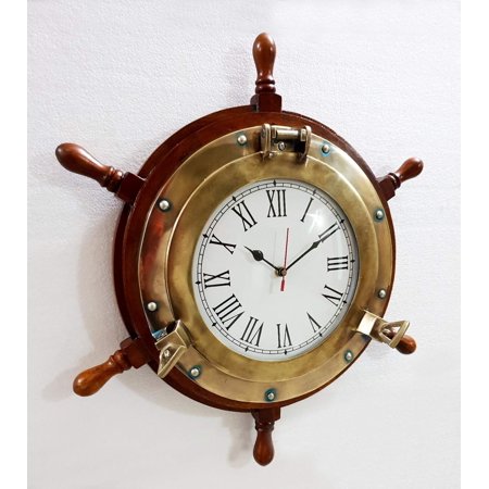 Antique Marine 18 Wooden Ship Wheel Porthole Vintage Clock Nautical Wall Clock Home Decor