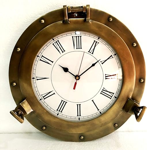 Antique Marine Brass Ship Porthole Clock Nautical Wall Clock Home Decorative (12 inches)