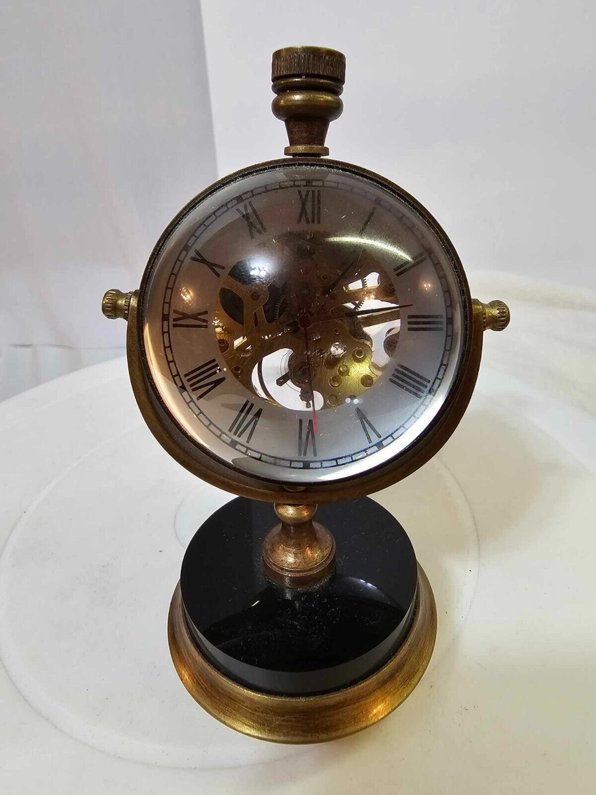 Antique vtg glass & brass Orb Desk Clock nautical Mechanical tabletop- Works-B8