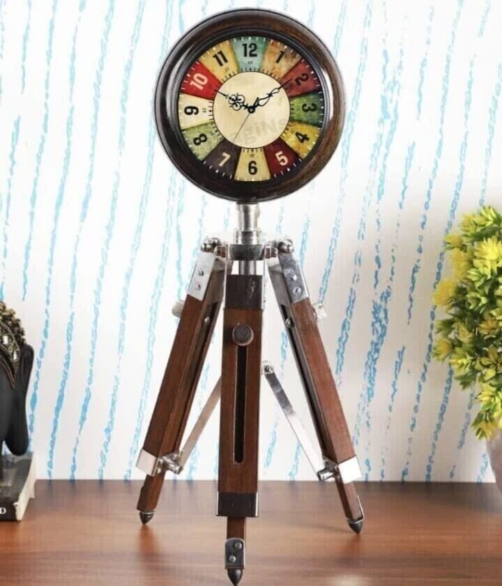 Antique Wooden Tripod Stand Table Clock Deck Clock Vintage Style Nautical Decor
