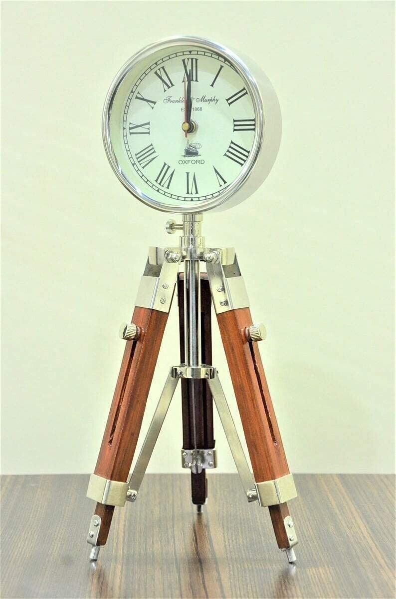 Antique Wooden Tripod Stand Table Clock Deck Clock Vintage Style Nautical Decor