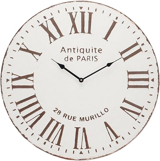 Antiquite de Paris Metal Wall Clock, 22 inch French Style Round Hanging Clock for Living Room Bedroom Decor, Battery Operated Silent Nonticking Quartz Analog Clock with Roman Numberals