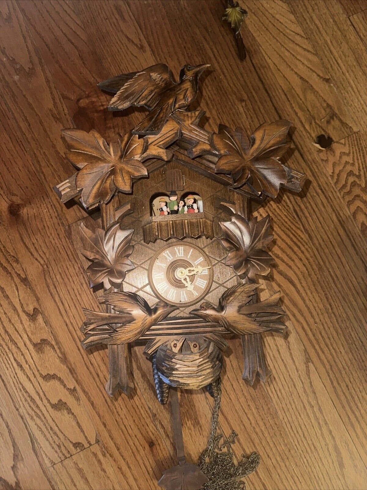 Anton Schneider German Black Forest Cuckoo Clock with Birds and Leaves Musical