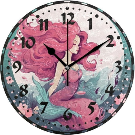 ANYWAY.GO Cute Pink Mermaid Wall Clock, Silent Non Ticking 10 Inch Battery Operated Wall Clocks, Easy to Read Clock for Home Kitchen Living Room Bathroom Office Decor