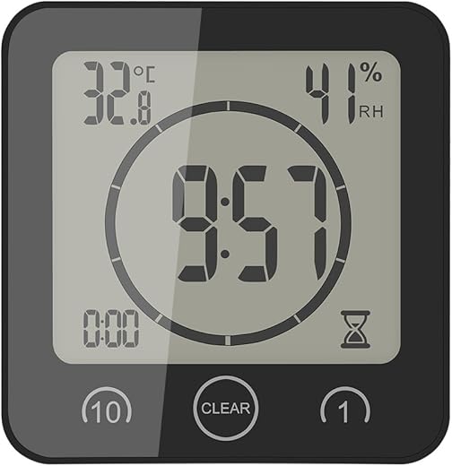 AOZBZ Shower Wall Clock, Digital Kitchen Timer with Alarm, Waterproof Touch Screen Timer, Temperature Humidity Display with Suction Cup Hanging Hole (Black)