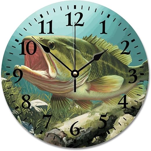 ArogGeld Bass Fish Wall Clock 10 Inch Wall Clock Battery Operated Non-Ticking Vintage Farmhouse Wood Clock Large Wall Clock for Living Room Kitchen Bedroom Decor, Multicolor