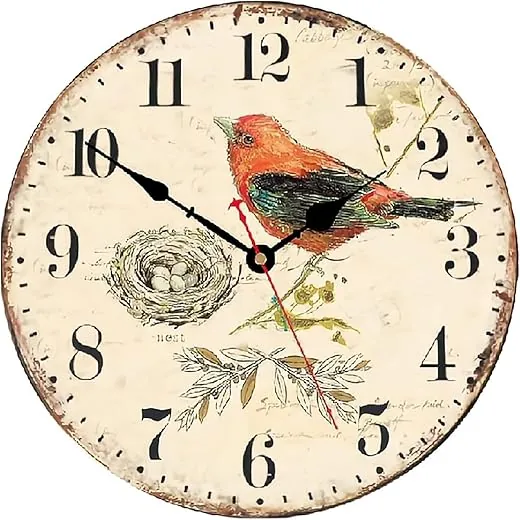 ArogGeld Bird on Branch Pattern Wall Clock Vintage Red Bird Clock Wall Decor 10 Inch Battery Operated Decorative Wall Clock Silent Round Wood Wall Clock Hanging Clocks for Bedroom Living Room Clock