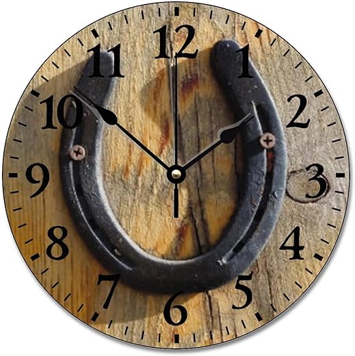 ArogGeld Cute Rustic Western Clock Good Luck Horseshoe Clock Personalized Silent Non Ticking Wooden Wall Clock Battery Operated Esay Read for Home Decor Kids Room Office Housewarming Gift