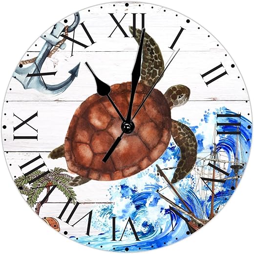 ArogGeld PVC Clock Mid Century Sea Turtle Anchor Boat Hanging Wall Clock Ocean Wave with Roman Numerals 8.8in Silent Non-Ticking Nautical Theme Vintage Nautical Hanging Clock for Home Office School