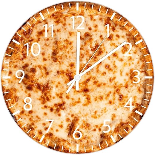 ArogGeld PVC Wall Clock, 12in, Cheese Pizza, Silent Sweep Movement, Non-Ticking Novelty, Hanging Hole on Back, Made in USA