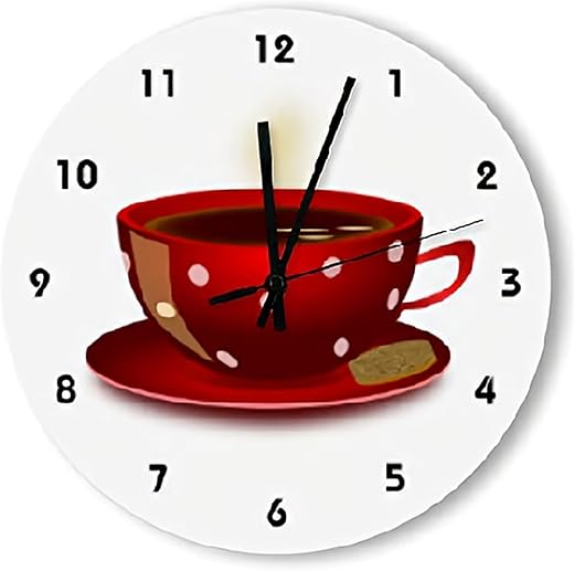 ArogGeld Red Coffee Cup Kitchen Wall Clock Rustic Chic Style Vintage Decor 10 Inch Battery Operated Large Decorative Silent Round Wood Hanging Clocks for Bedroom Living, One Size