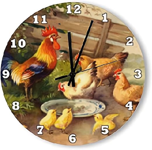 ArogGeld Rooster and Chickens Wall Clock Country Farmhouse Clocks Silent Round Wooden Battery Operated Decorative Hanging for Office Home Decor Wedding Birthday Housewarming Gift, Multicolor