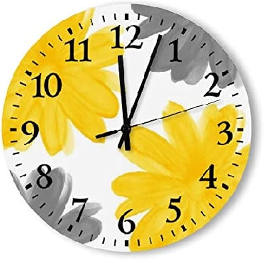 ArogGeld Yellow and Gray Wall Clock Watercolor Flowers Wood Clock 10 Inch Silent Non-Ticking Wooden Wall Clocks Battery Operated Living Room Bedroom Kitchen Farmhouse Decor Christmas Birthday Gift