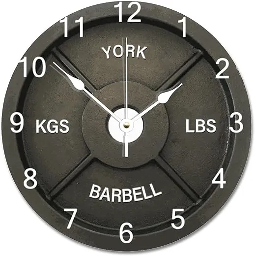 ArogGeld York Barbell Wall Clock - 10 Inch Round, Battery Operated, Wooden Frame, Easy to Read, No Glass Cover, Ideal for Gym, Kitchen, Bedroom, Office - Satisfaction Guarantee