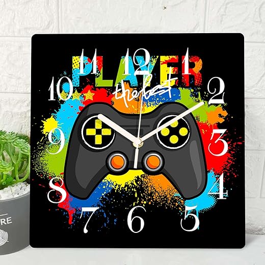 ArtSocket Game Gamer Kids Wooden Wall Clock Silent Non-Ticking, Colorful Gamepad Gaming Kids Square Rustic Wall Clocks Decor for Home Kitchen Living Room Office, Battery Operated(12 Inch)