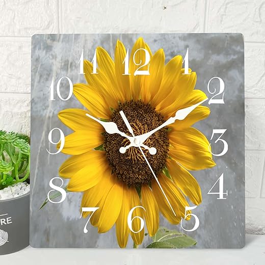 ArtSocket Sunflower Flower Plant Wooden Wall Clock Silent Non-Ticking, Yellow Floral Grey Vintage Square Rustic Wall Clocks Decor for Home Kitchen Living Room Office, Battery Operated(12 Inch)