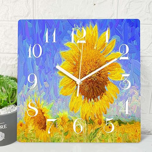 ArtSocket Sunflower Yellow Blue Painting Wooden Wall Clock Silent Non-Ticking, Flower Sun Summer Floral Square Rustic Wall Clocks Decor for Home Kitchen Living Room Office, Battery Operated(12 Inch)