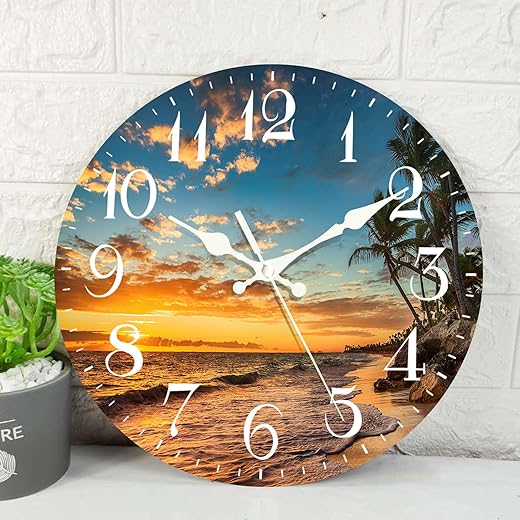 ArtSocket Tropical Beach Sunset Wooden Wall Clock Silent Non-Ticking, Sea Palm Leaf Ocean Summer Round Rustic Wall Clocks Decor for Home Kitchen Living Room Office, Battery Operated(12 Inch)