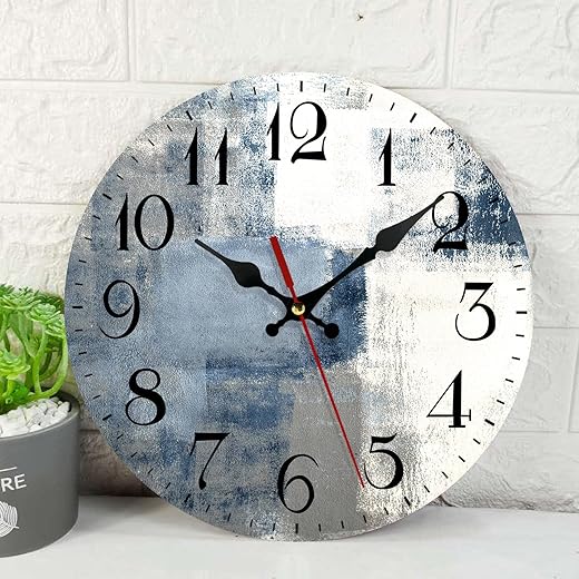 ArtSocket Wooden Wall Clock Silent Non-Ticking, Blue White Grey Abstract Painting Gray Vintage Modern Lines Round Wall Clocks Decor for Home Kitchen Living Room Office(12 Inch)