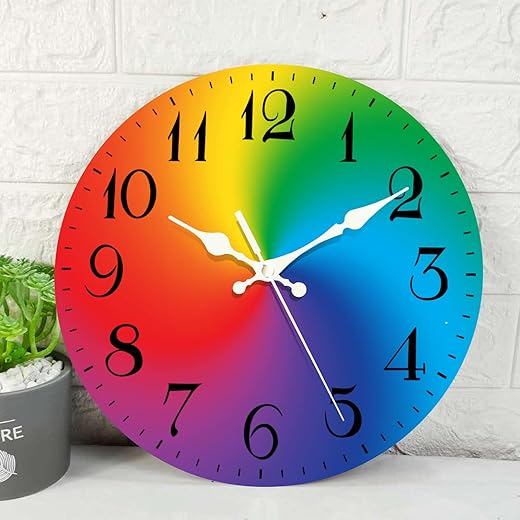 ArtSocket Wooden Wall Clock Silent Non-Ticking, Rainbow Round Circular Space Circle Multicolor Round Rustic Wall Clocks Decor for Home Kitchen Living Room Office, Battery Operated(12 Inch)