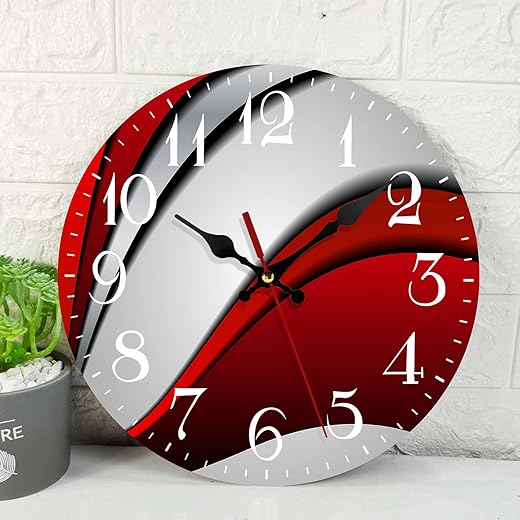 ArtSocket Wooden Wall Clock Silent Non-Ticking, Red Black Grey Modern Irregular Abstract Vintage Round Wall Clocks Decor for Home Kitchen Living Room Office, Battery Operated(12 Inch)