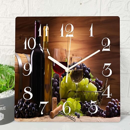 ArtSocket Wooden Wall Clock Silent Non-Ticking, Red Wine Grapes Farmhouse Modern Square Rustic Wall Clocks Decor for Home Kitchen Living Room Office, Battery Operated(12 Inch)