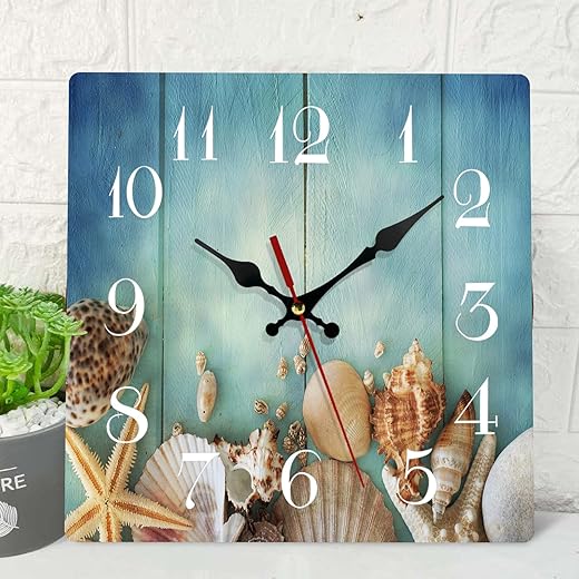 ArtSocket Wooden Wall Clock Silent Non-Ticking, Summer Fish Star Sea Shells Blue Beach Vintage Rustic Coastal Square Wall Clocks Decor for Home Kitchen Living Room Office(12 Inch)