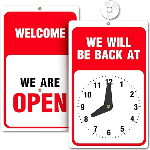 ASSURED SIGNS Will Return Sign With Clock - 9.25 x 5.75 Inch - Bright Red and White Colors - Includes Suction Cup - Ideal Out to Lunch, Be Right Back Signs, Open Closed Sign for Business, Retail Store, Office Door or Window